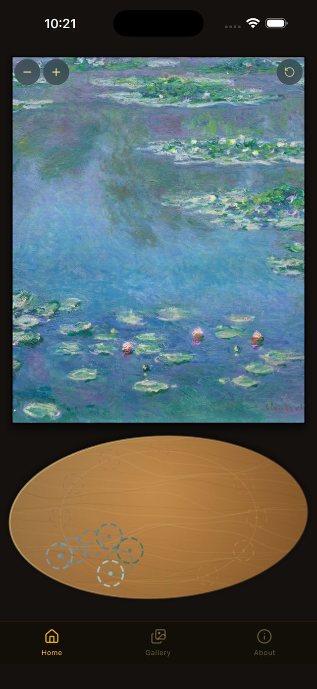 Color Harvest showing Monet's Water Lilies in full color above an empty maple palette