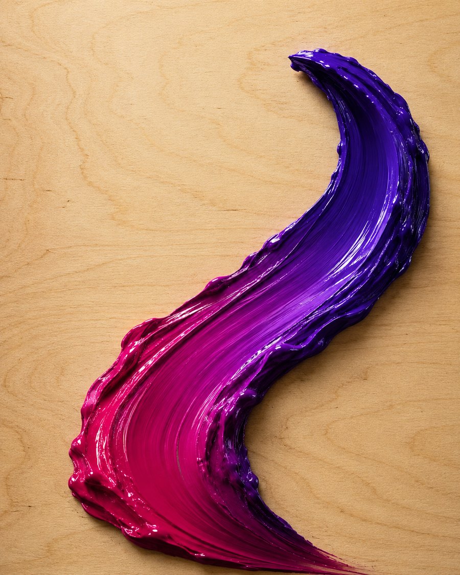 A thick smear of paint blending magenta into violet on maple wood